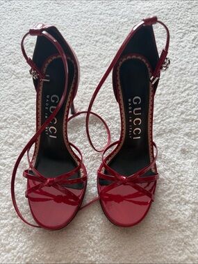 Gucci Burgundy Patent Leather Strappy Heels 36.5